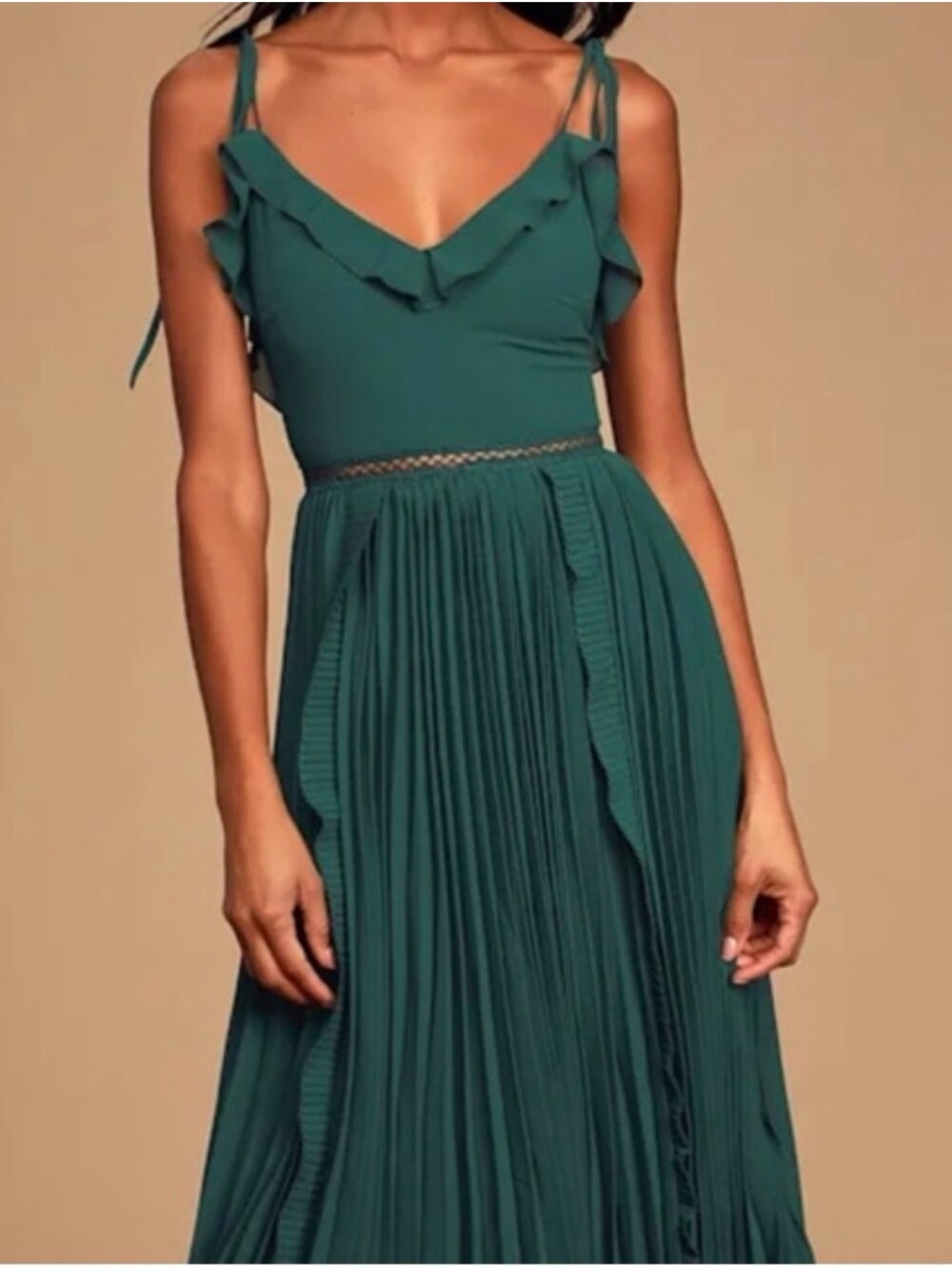 Sleeveless Teal Ruffle Pleated Maxi Dress